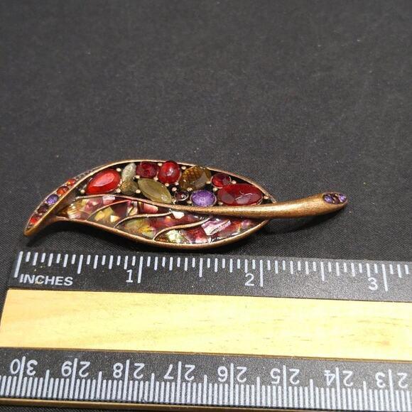 Vintage Liz Claiborne Leaf Rhinestone Brooch, Red Rhinestones, Copper, 2 7/8" - Picture 5 of 8